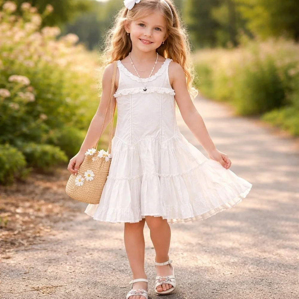 jottum Girls' Sleeveless Button Back Ruffled A-Line Casual Dress White Size 8‎